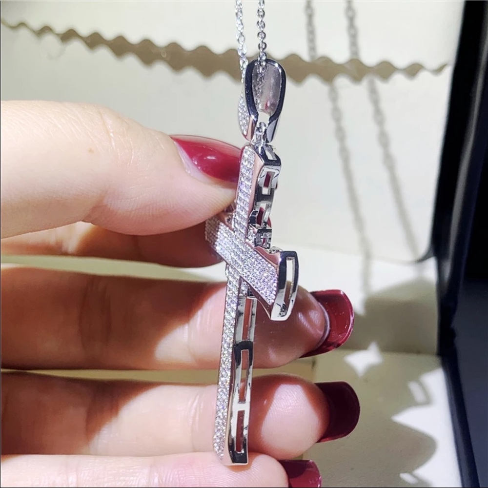 New Luxury 925 Silver Cross Men Women Diamond Necklace - Picture 10 of 16